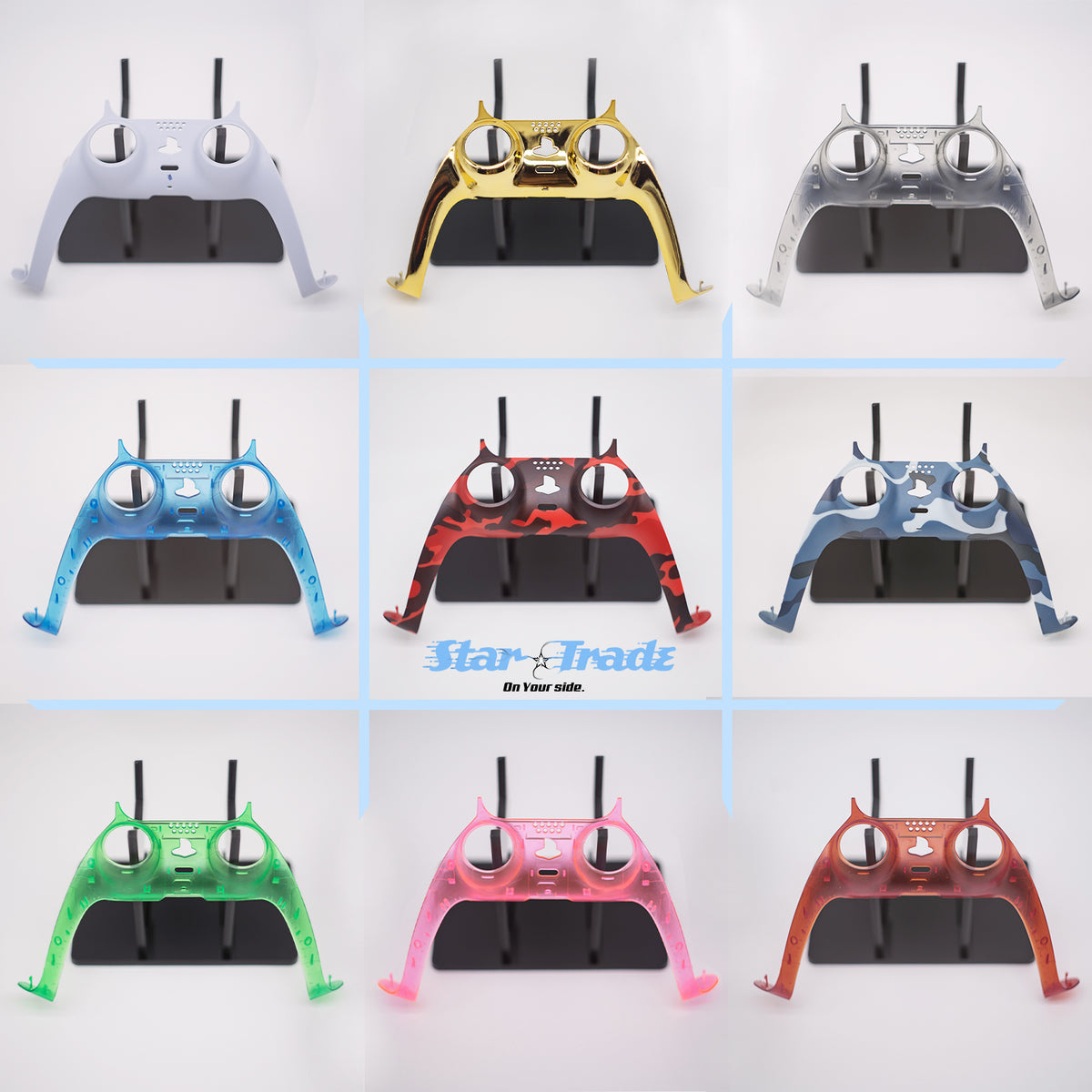 StarTrade PS5 DualSense trim shell faceplates in white, gold, smoked, blue, red camo, blue camo, green, pink and red transparent